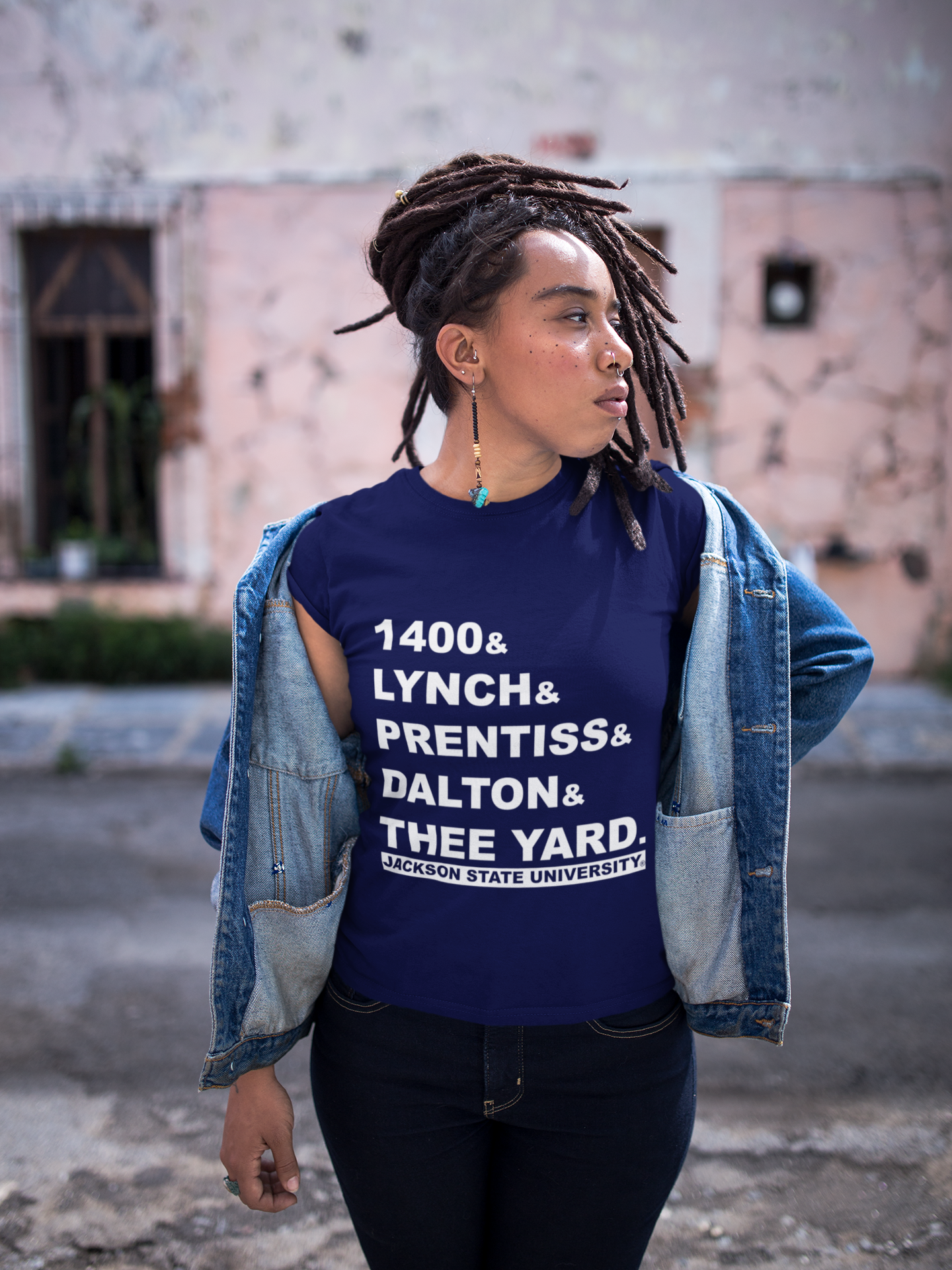 Navy crewneck T-shirt with white block graphic text