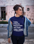Navy crewneck T-shirt with white block graphic text