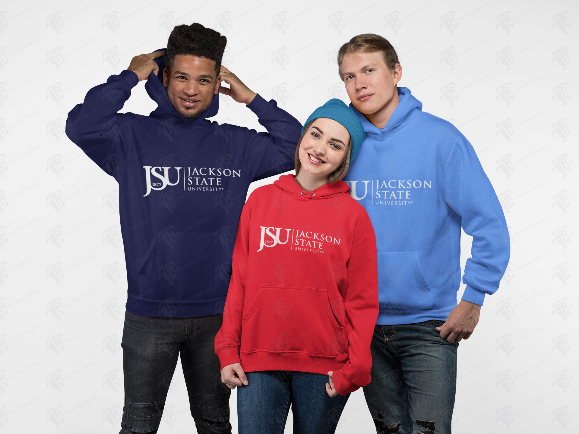 Set of pullover hoodies: navy, red, and light blue, each with Jackson State logo