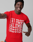 Red crew-neck short sleeve T-shirt with white stacked “Alumni” graphic on model