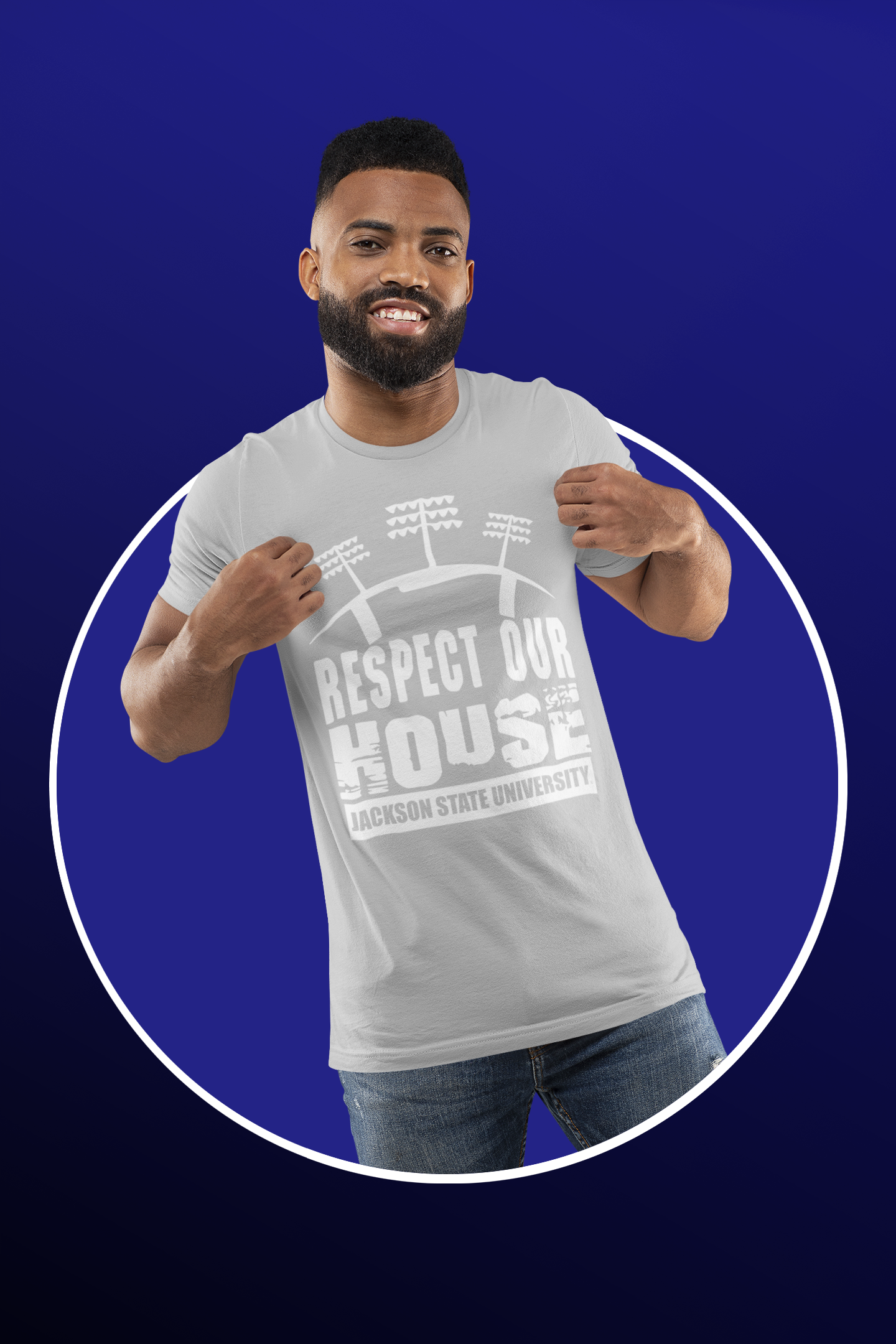 Gray short-sleeve crew neck T-shirt with "Respect Our House" school graphic
