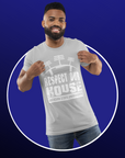 Gray short-sleeve crew neck T-shirt with "Respect Our House" school graphic