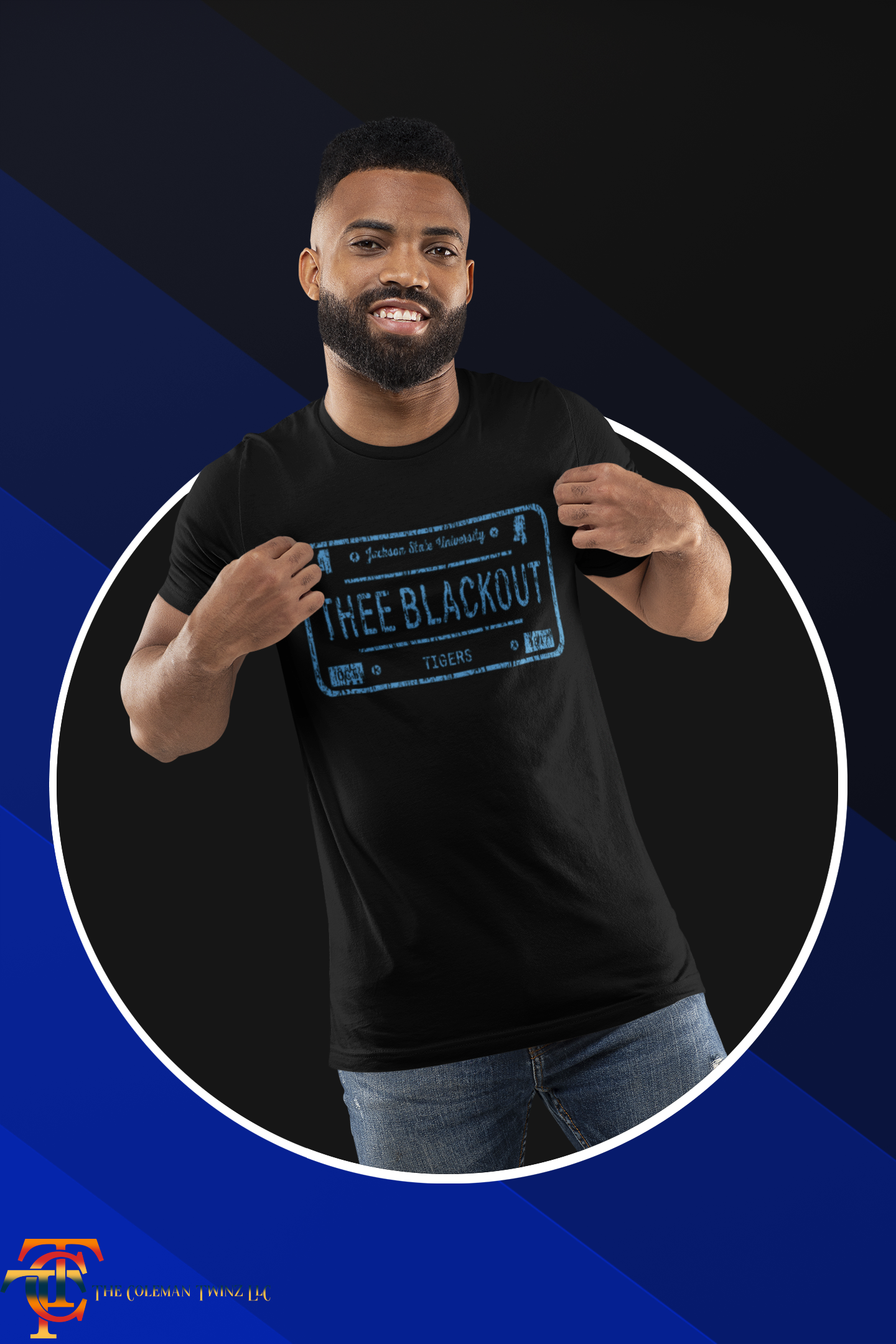 Unisex crew neck short-sleeve t-shirt, black with THEE BLACKOUT front graphic