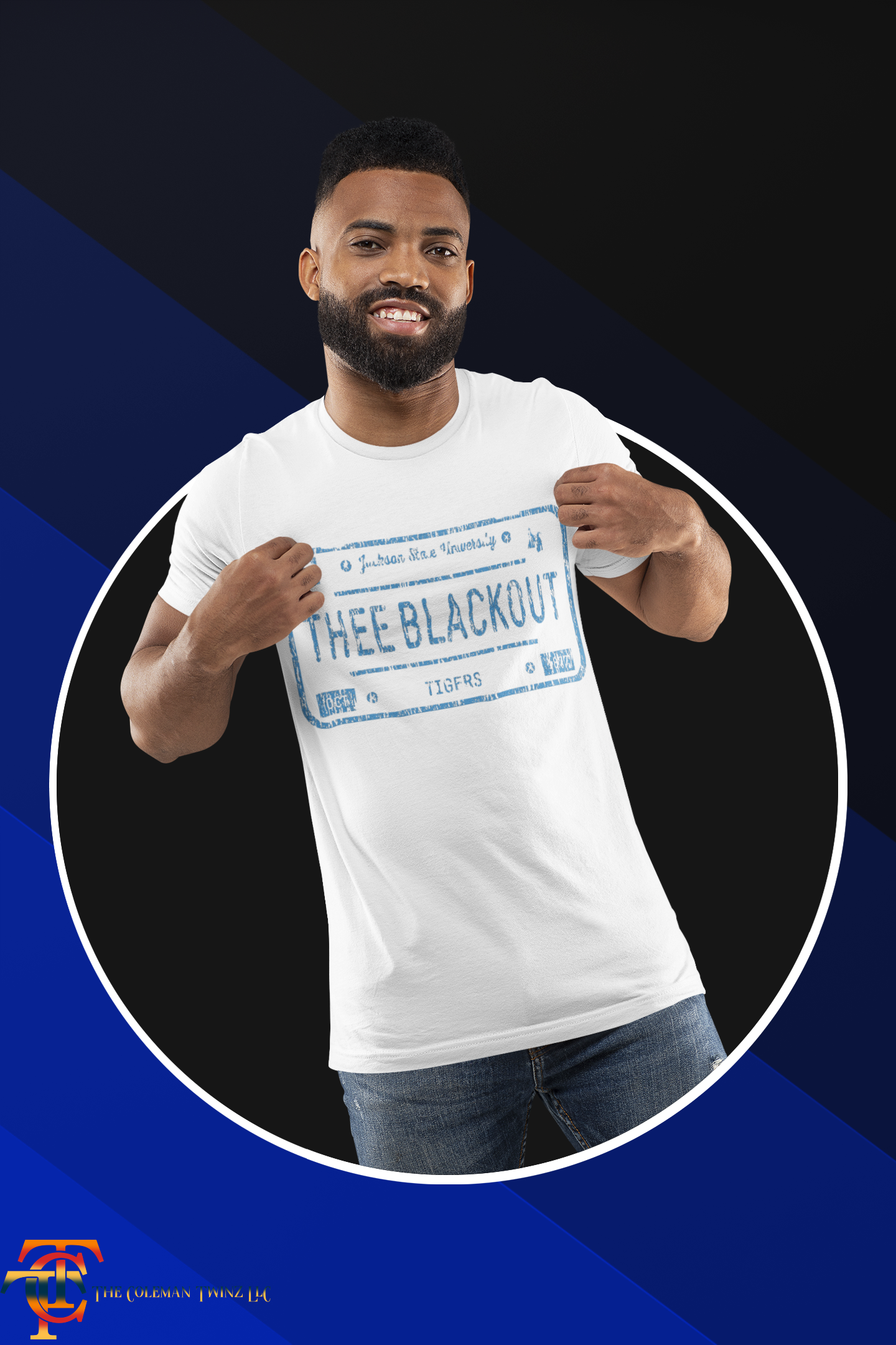 Unisex crew neck short-sleeve t-shirt, white with THEE BLACKOUT front graphic