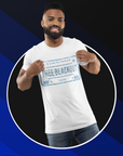 Unisex crew neck short-sleeve t-shirt, white with THEE BLACKOUT front graphic