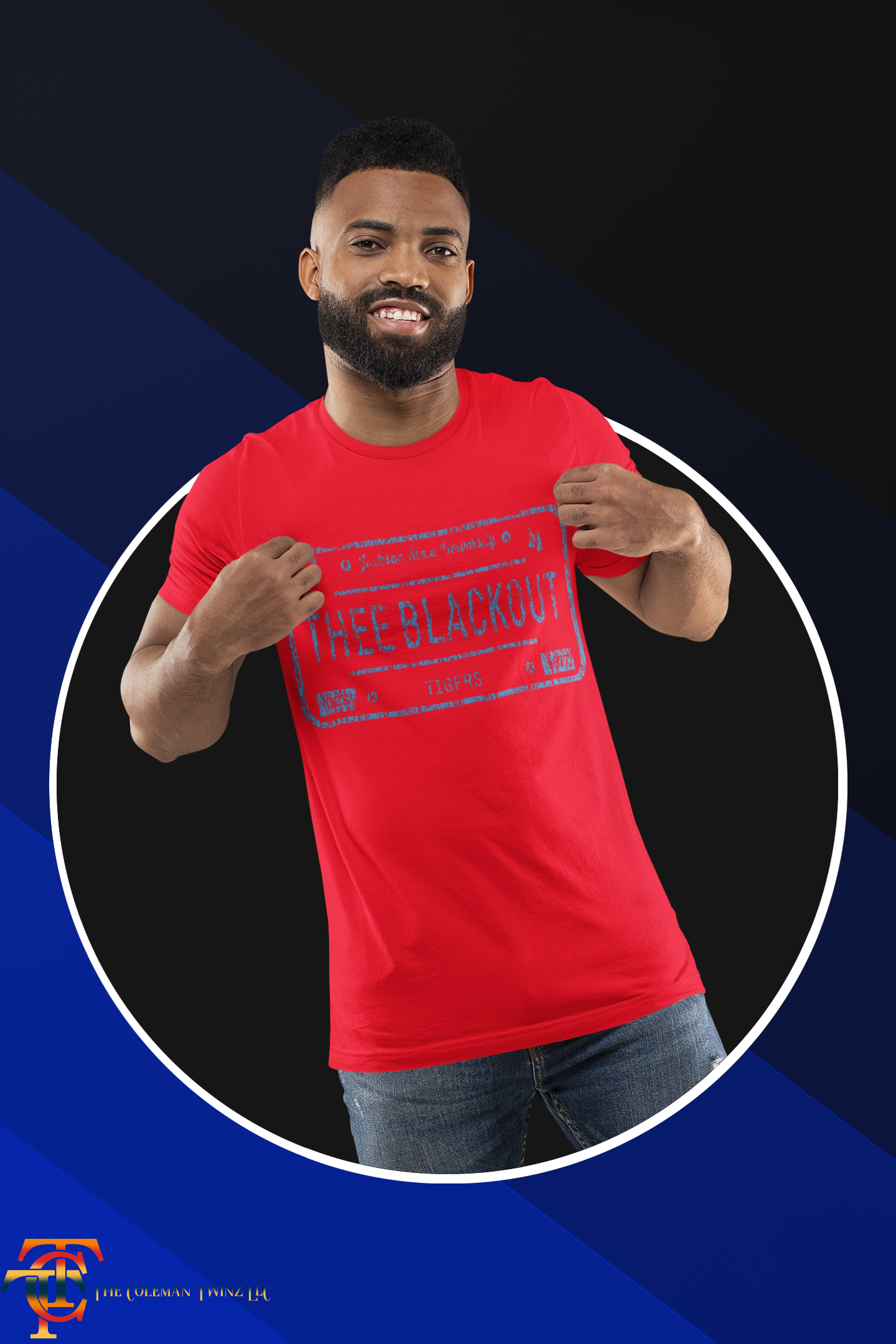 Unisex crew neck short-sleeve t-shirt, red with THEE BLACKOUT front graphic