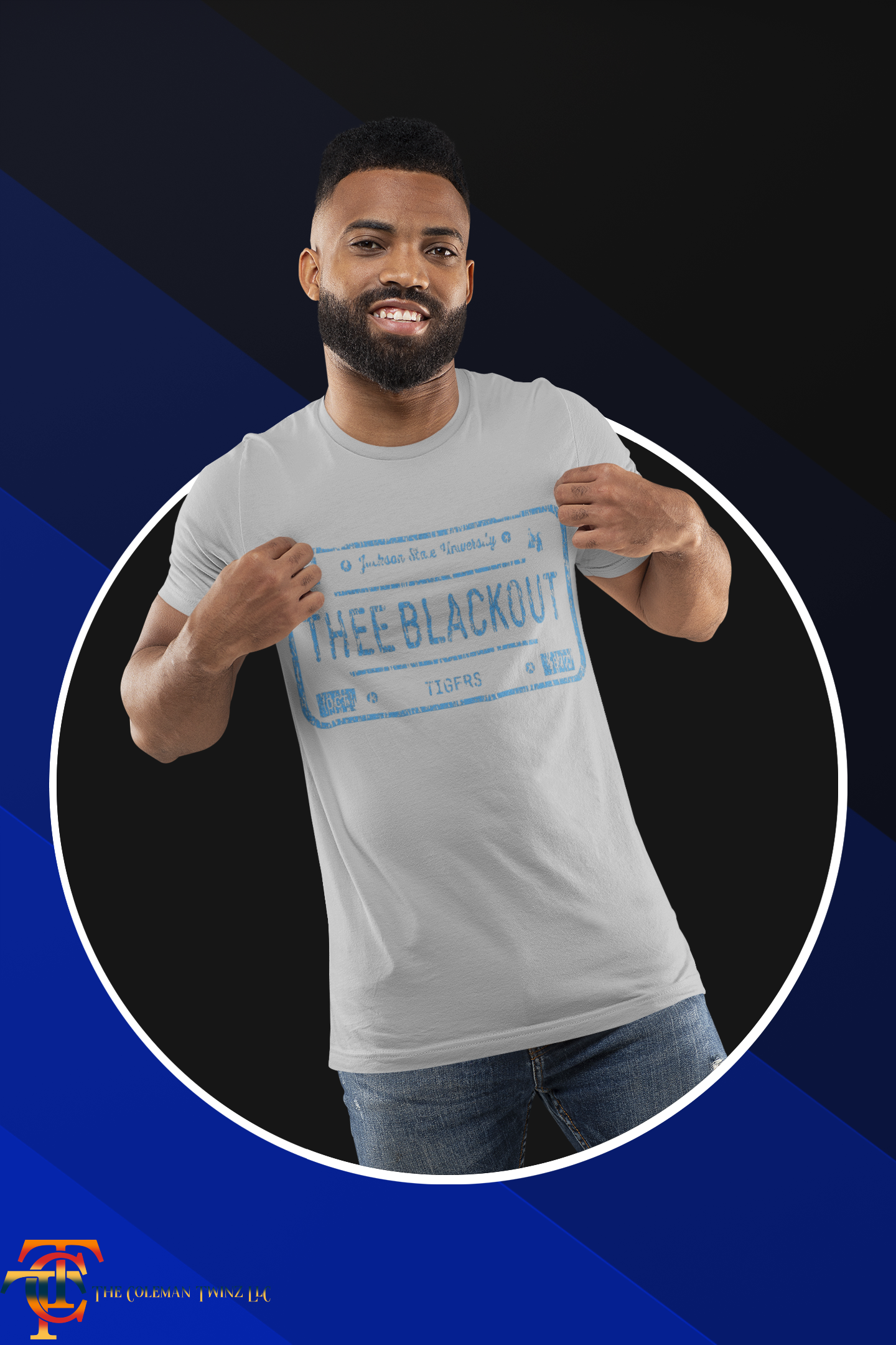 Unisex crew neck short-sleeve t-shirt, light gray with THEE BLACKOUT front graphic