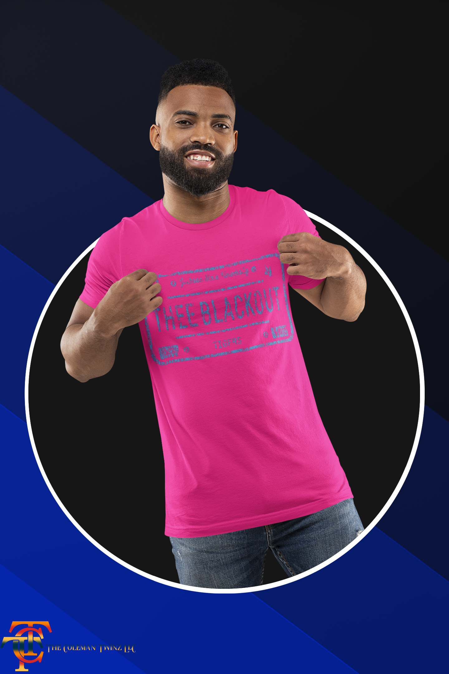 Unisex crew neck short-sleeve t-shirt, pink with THEE BLACKOUT front graphic