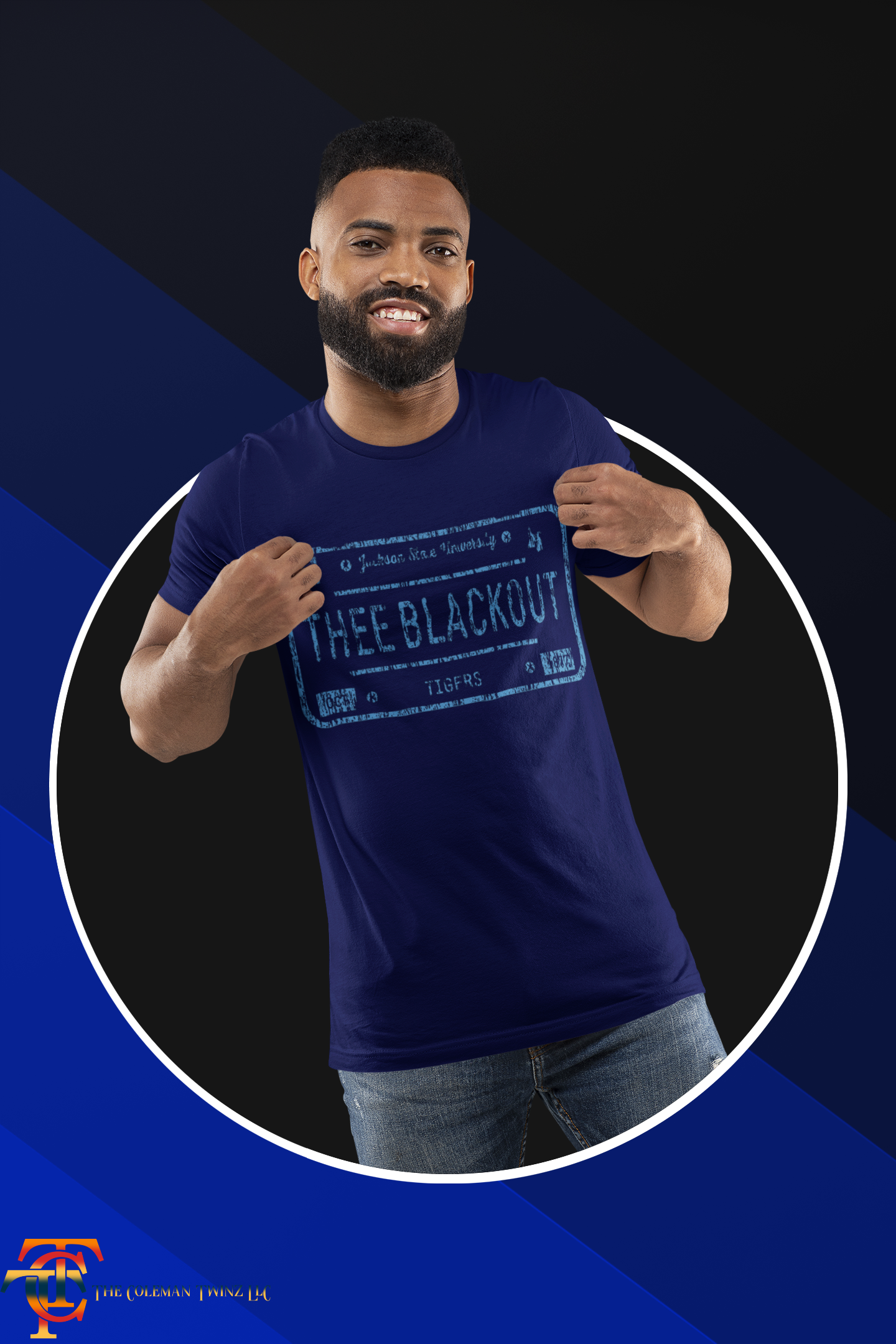 Unisex crew neck short-sleeve t-shirt, navy with THEE BLACKOUT front graphic