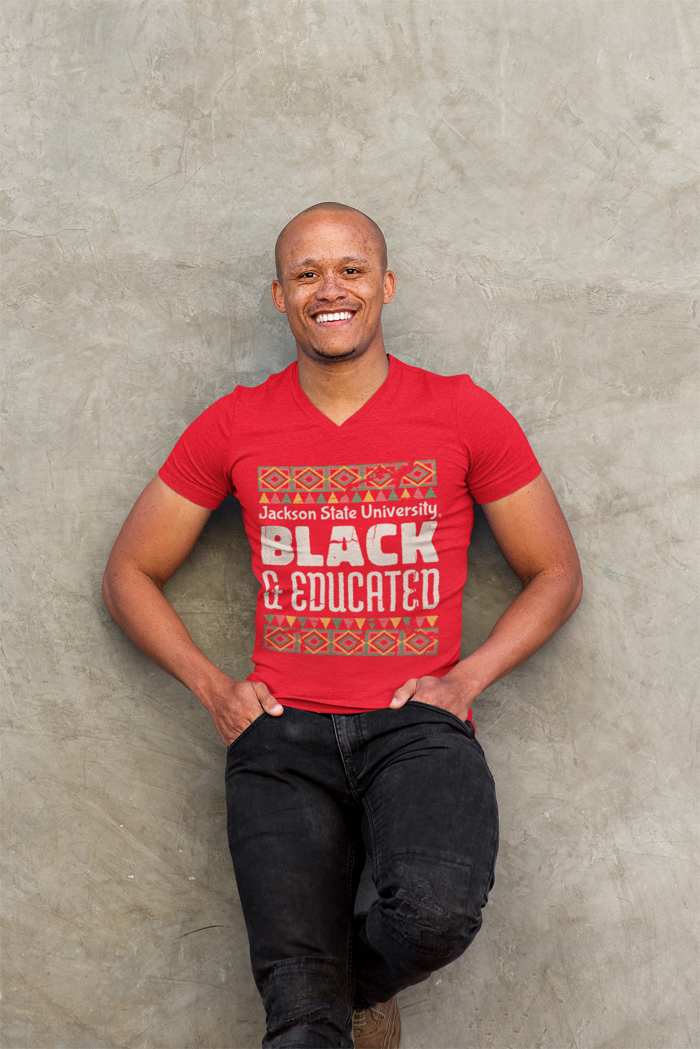Red V-neck short-sleeve T-shirt with "BLACK &amp; EDUCATED" graphic