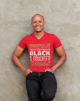 Red V-neck short-sleeve T-shirt with "BLACK & EDUCATED" graphic