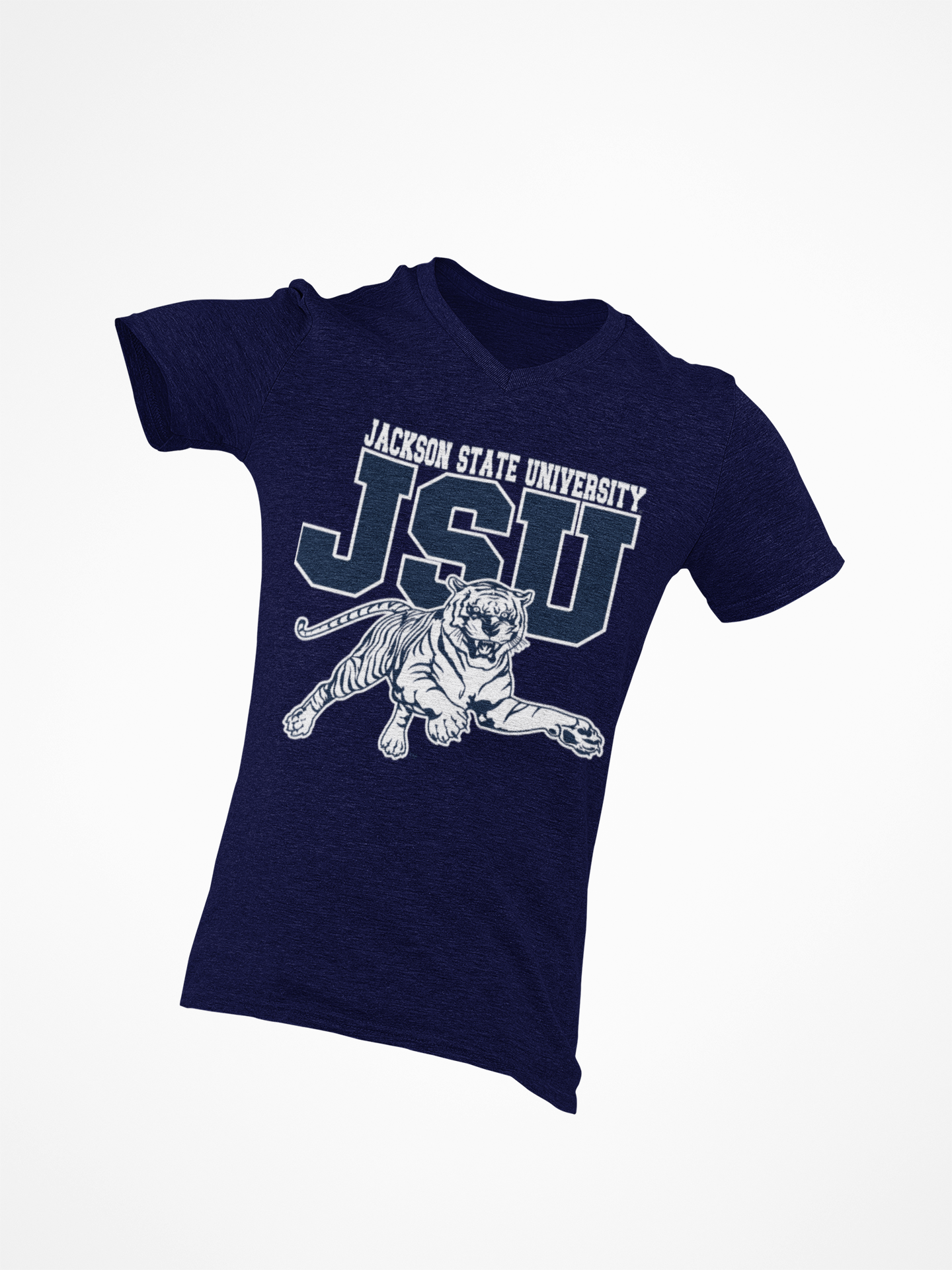 Navy V-neck T-shirt with JSU lettering and leaping tiger graphic