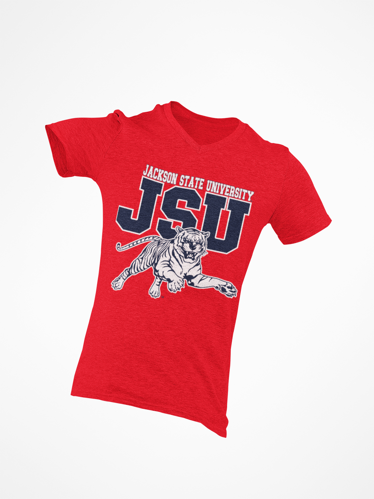 Red V-neck T-shirt with JSU lettering and leaping tiger graphic