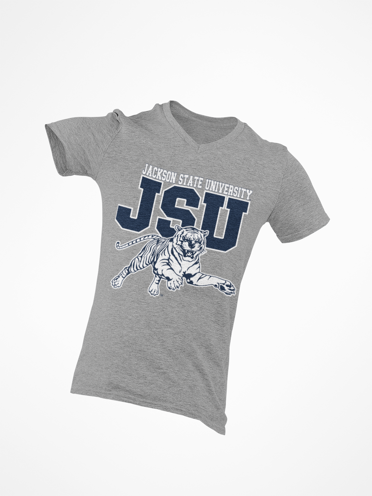 Athletic heather gray V-neck T-shirt with JSU lettering and leaping tiger graphic