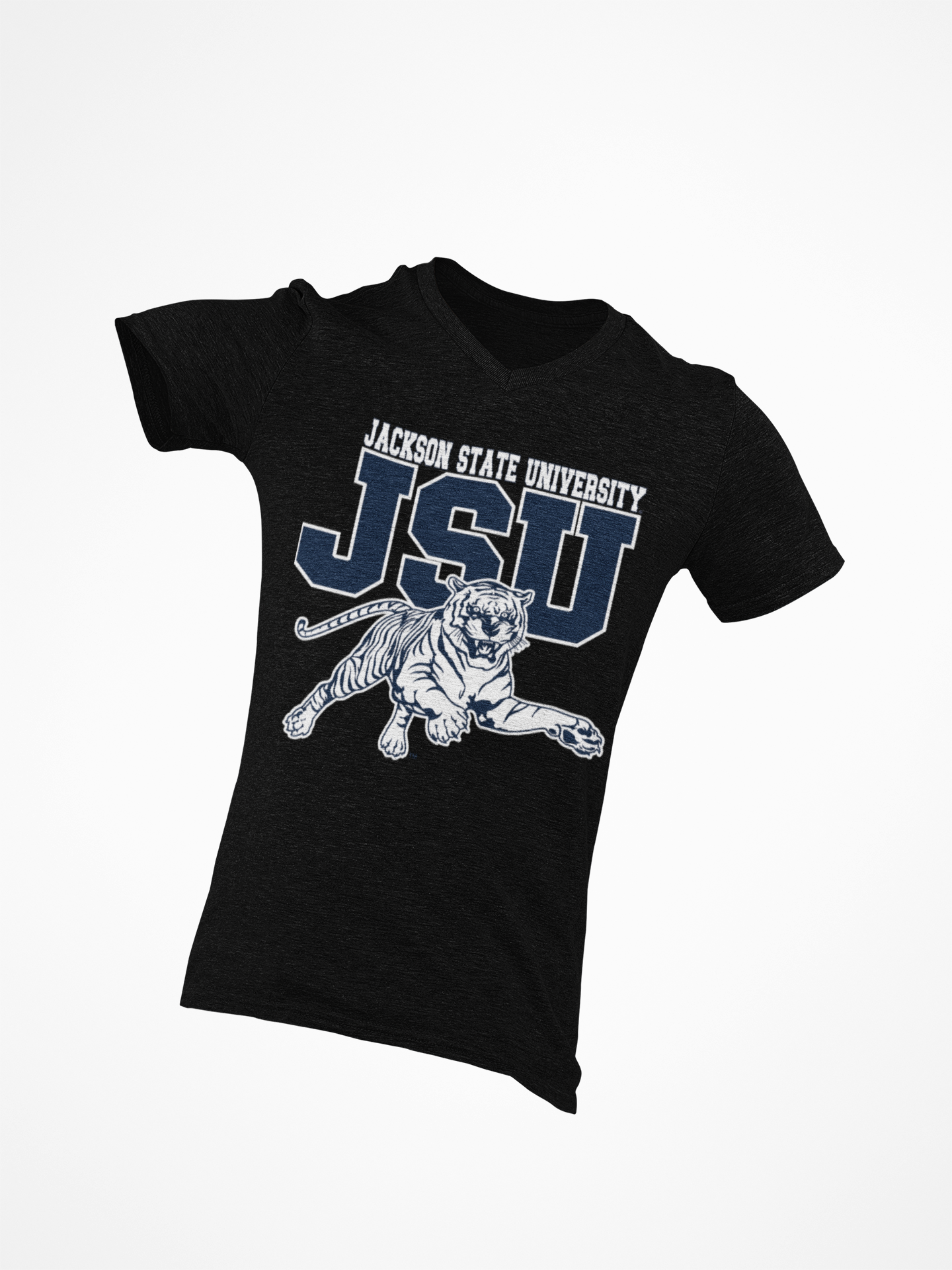 Black V-neck T-shirt with JSU lettering and leaping tiger graphic