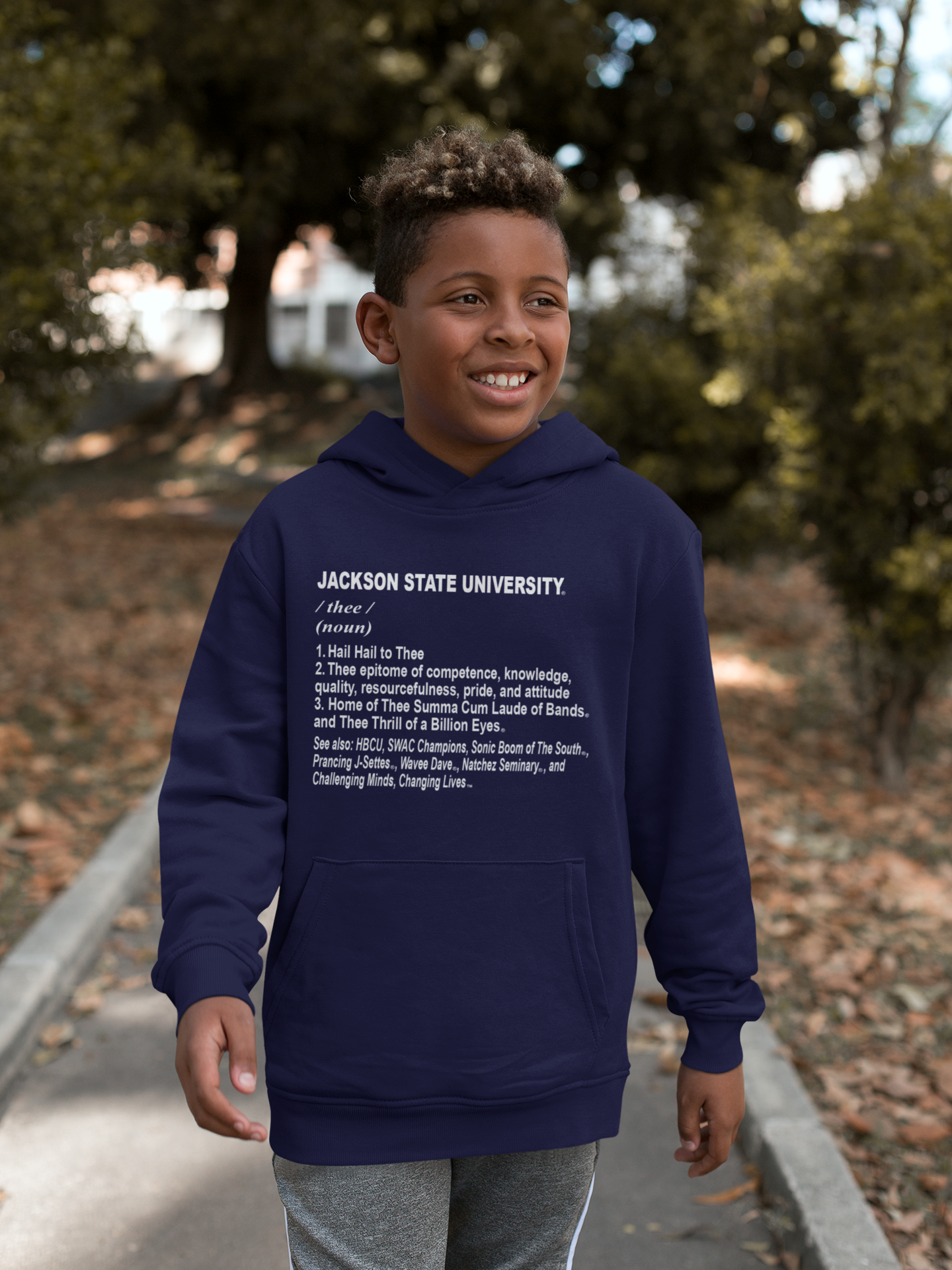 Youth navy pullover hoodie with front text graphic, kangaroo pocket, and drawstring hood