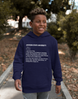 Youth navy pullover hoodie with front text graphic, kangaroo pocket, and drawstring hood