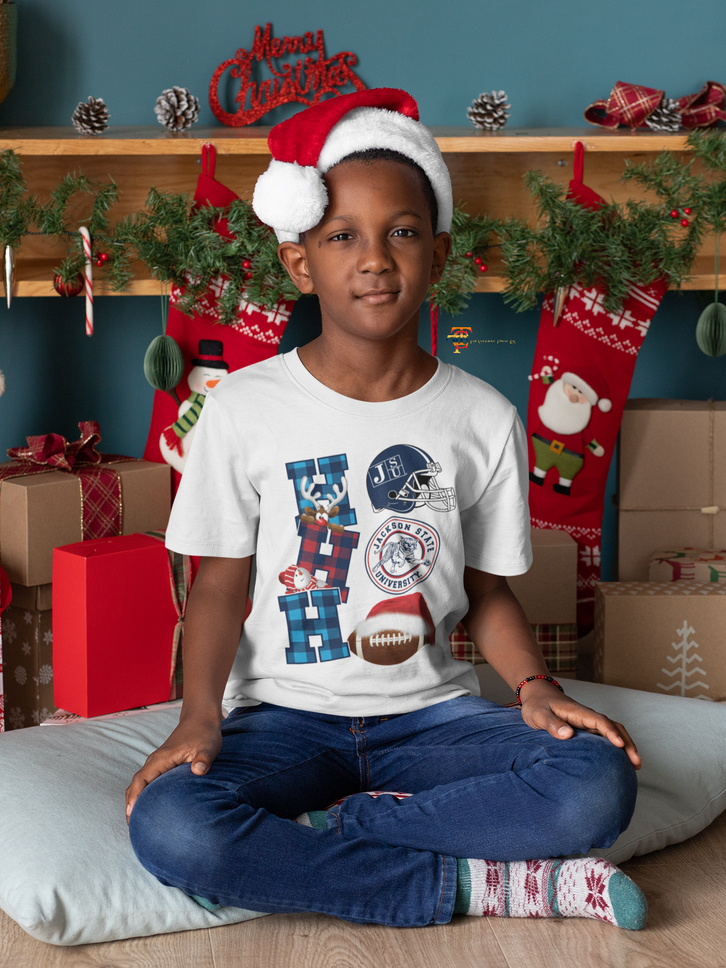 Youth Christmas T-shirt, white crew neck with football and helmet team graphic
