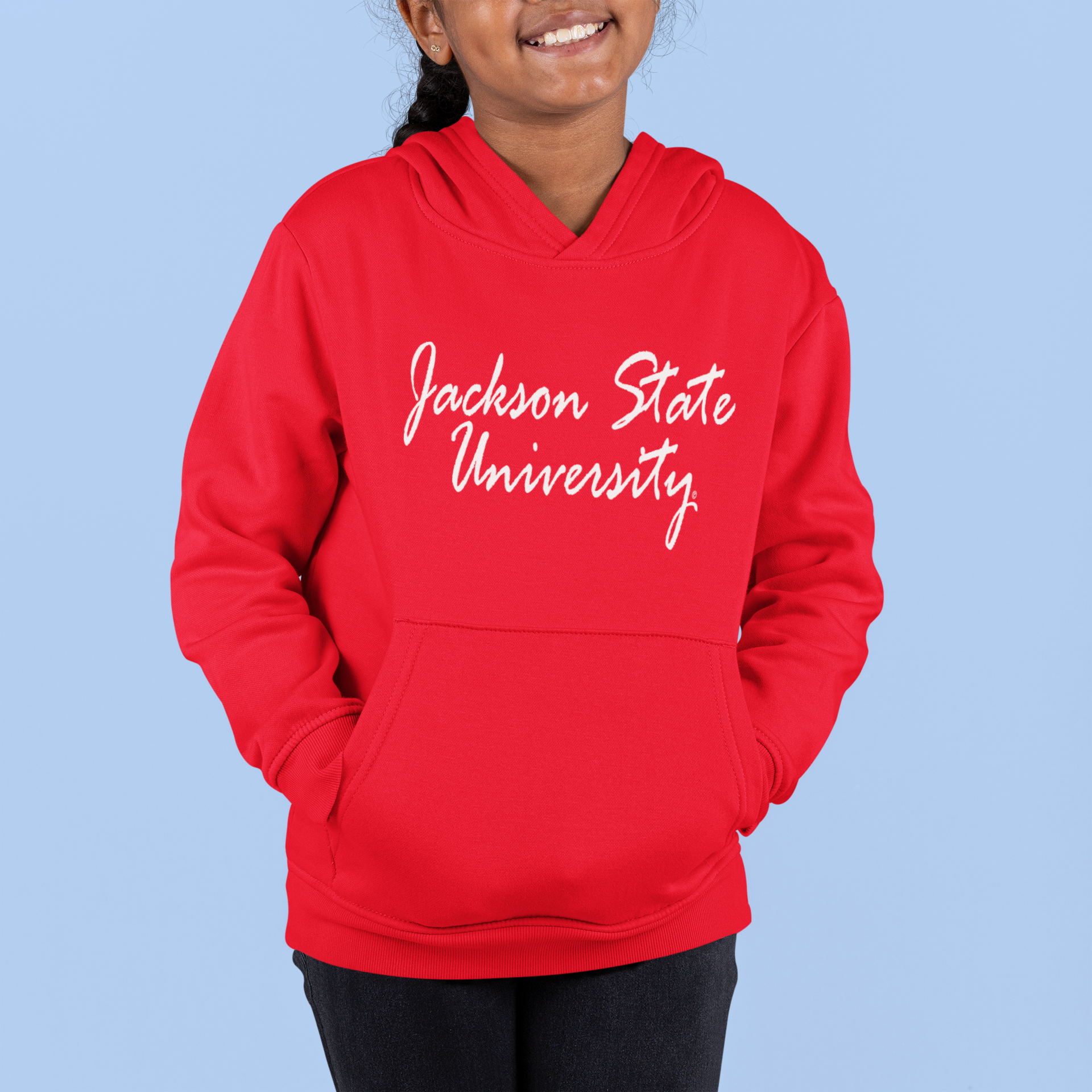 Red youth hooded sweatshirt with white script logo and front kangaroo pocket