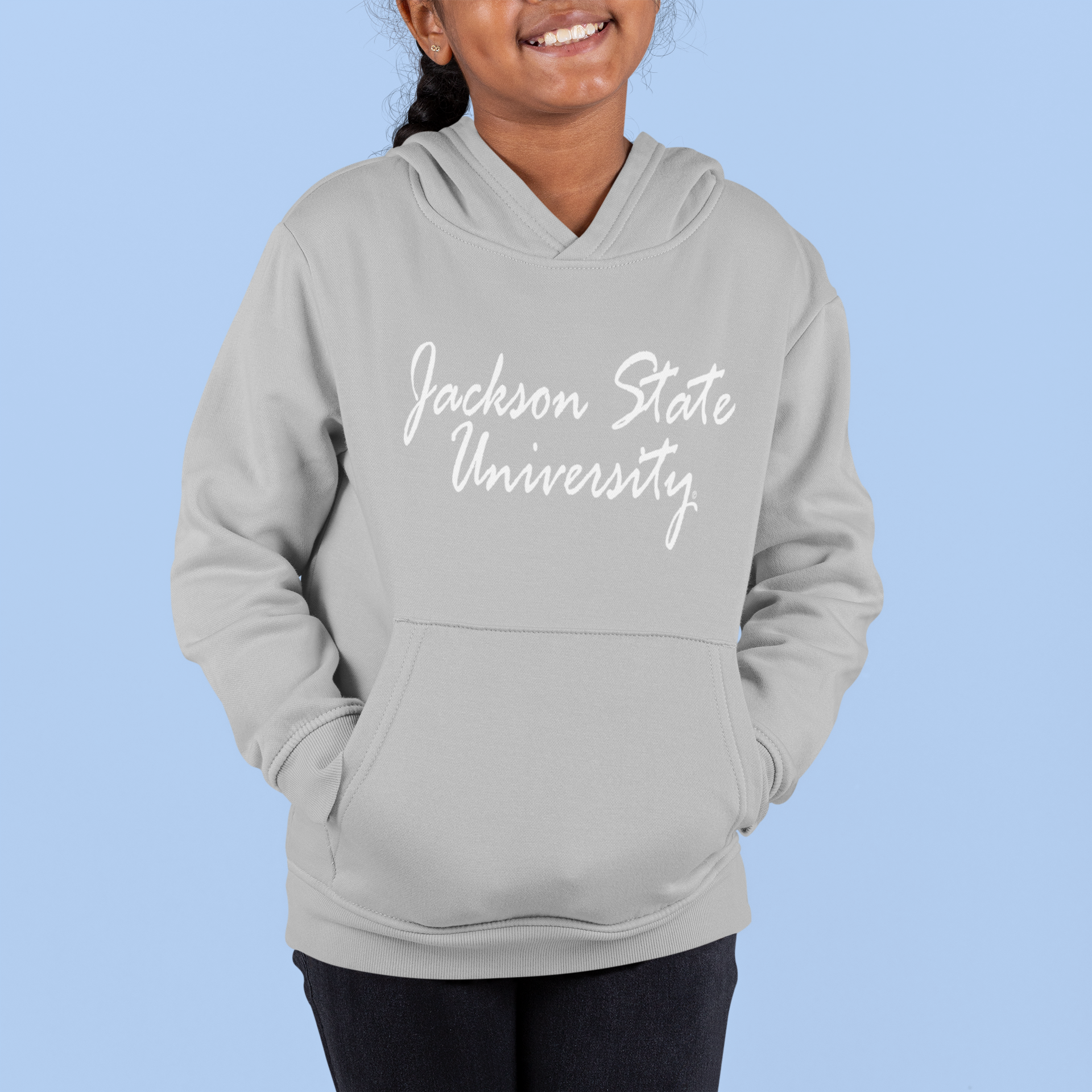 Light gray youth hooded sweatshirt with white script logo and front kangaroo pocket