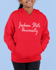Red youth hooded sweatshirt with white script logo and front kangaroo pocket