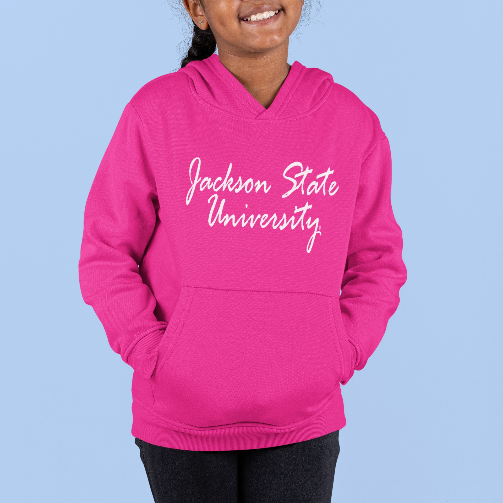 Pink youth hooded sweatshirt with white script logo and front kangaroo pocket