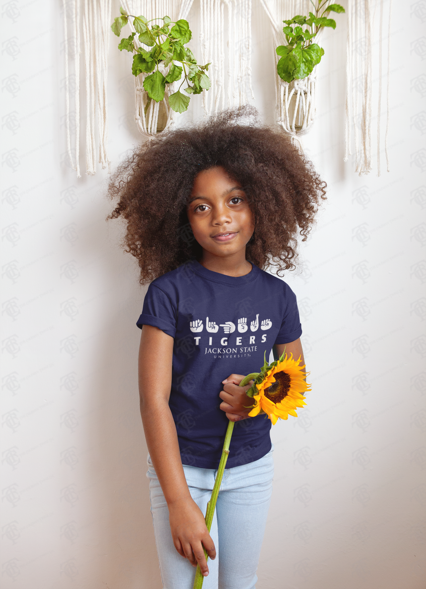 Youth crew-neck T-shirt in navy with white Tigers graphic and Jackson State lettering