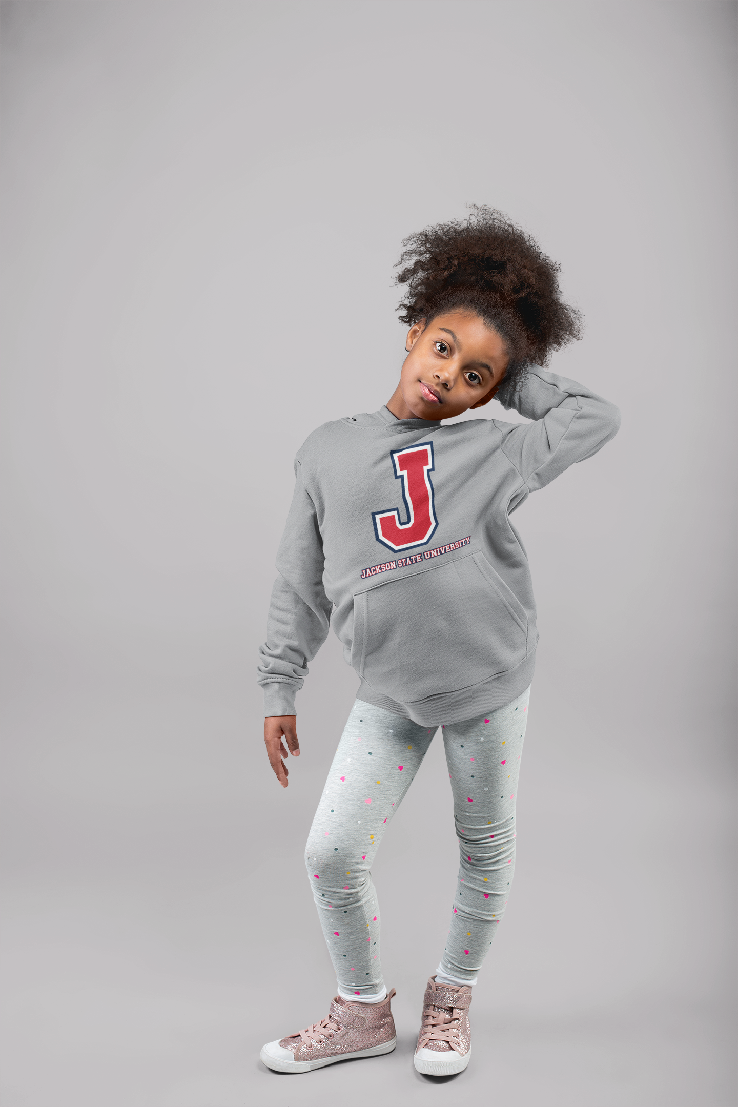 Gray hooded sweatshirt with front logo and drawstring hood
