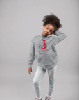 Gray hooded sweatshirt with front logo and drawstring hood