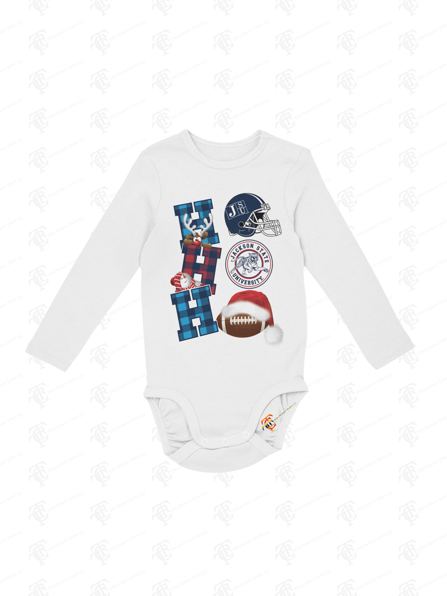 Infant long sleeve bodysuit in white with football and team logo holiday graphic