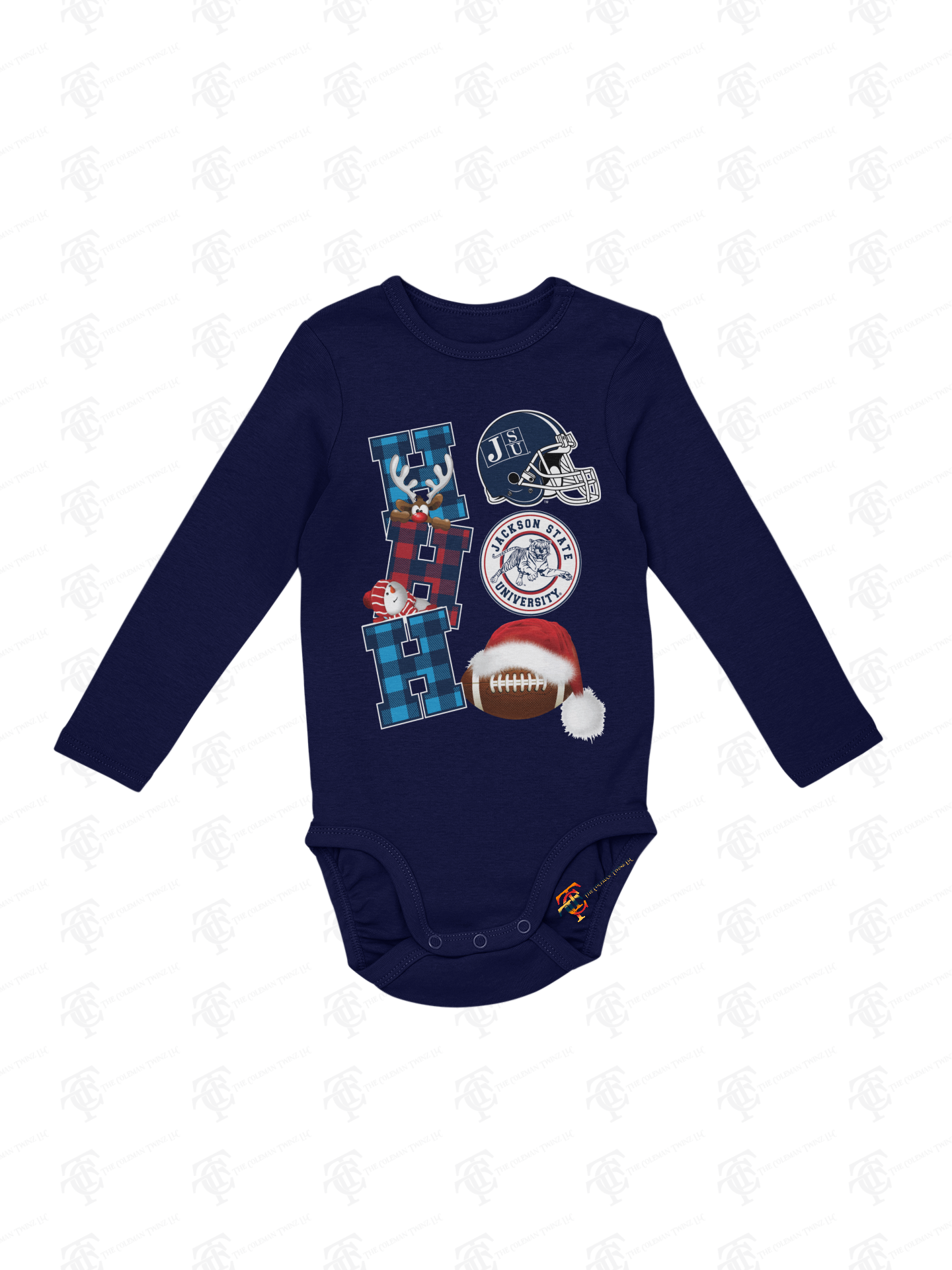 Infant long sleeve bodysuit in navy with football and team logo holiday graphic