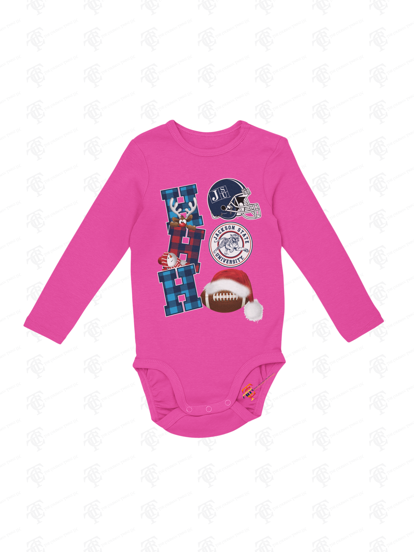 Infant long sleeve bodysuit in pink with football-themed Jackson State Tigers graphic