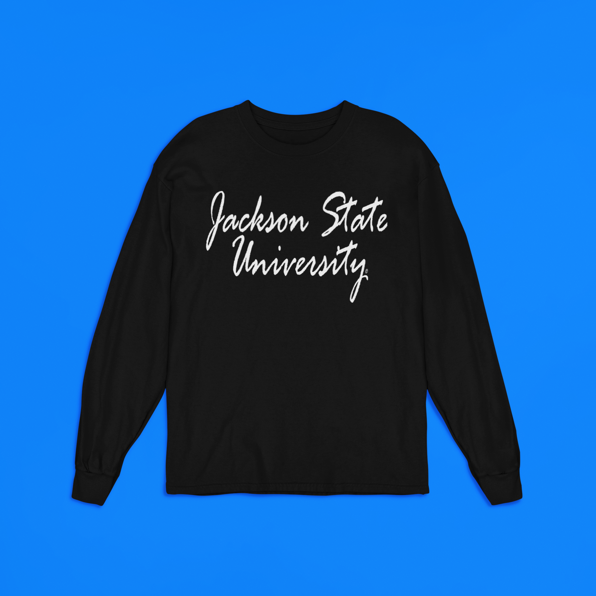 Black long-sleeve crewneck T-shirt with centered white script logo