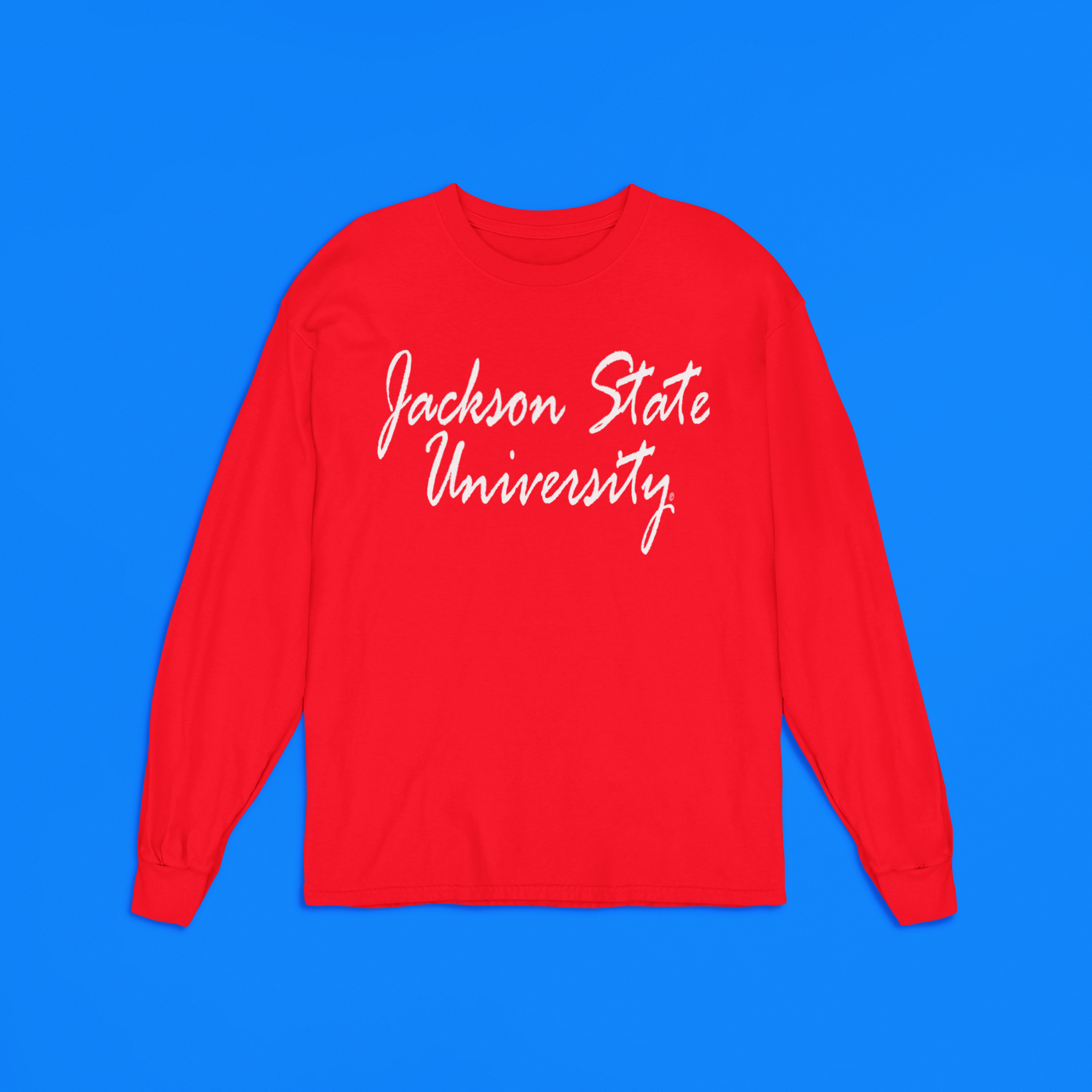 Red long-sleeve crewneck T-shirt with centered white script logo