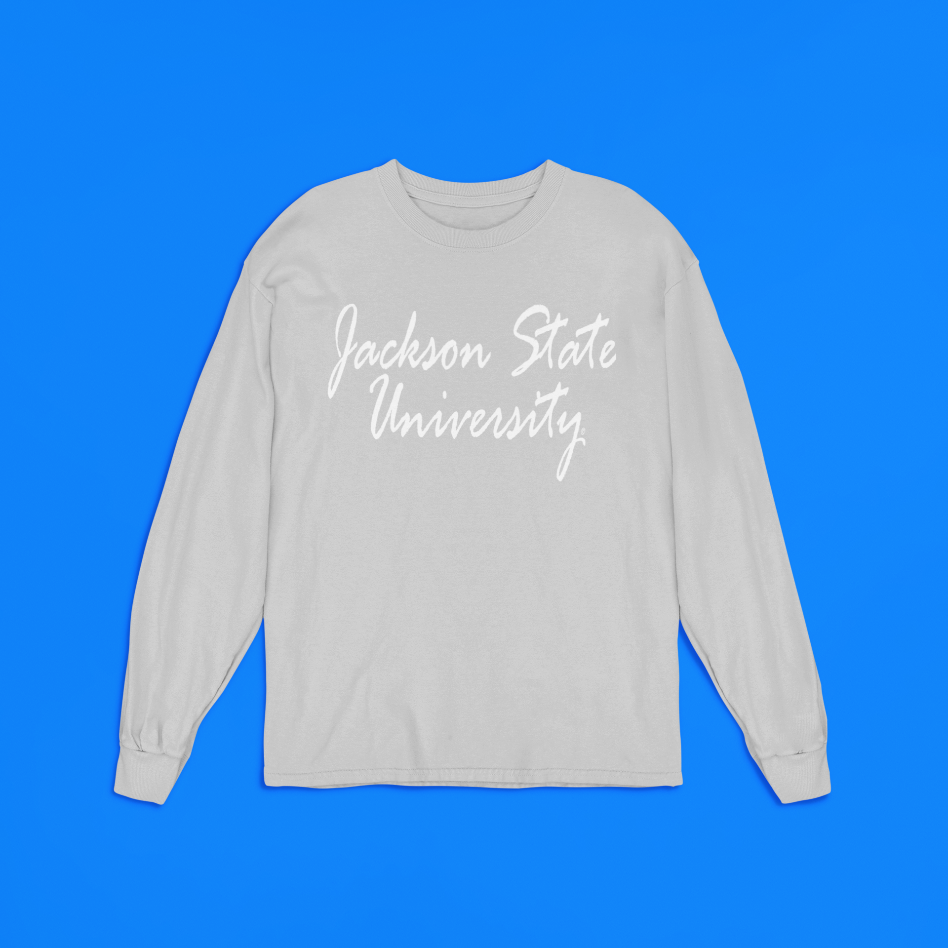 Athletic heather gray long-sleeve crewneck T-shirt with centered white script logo