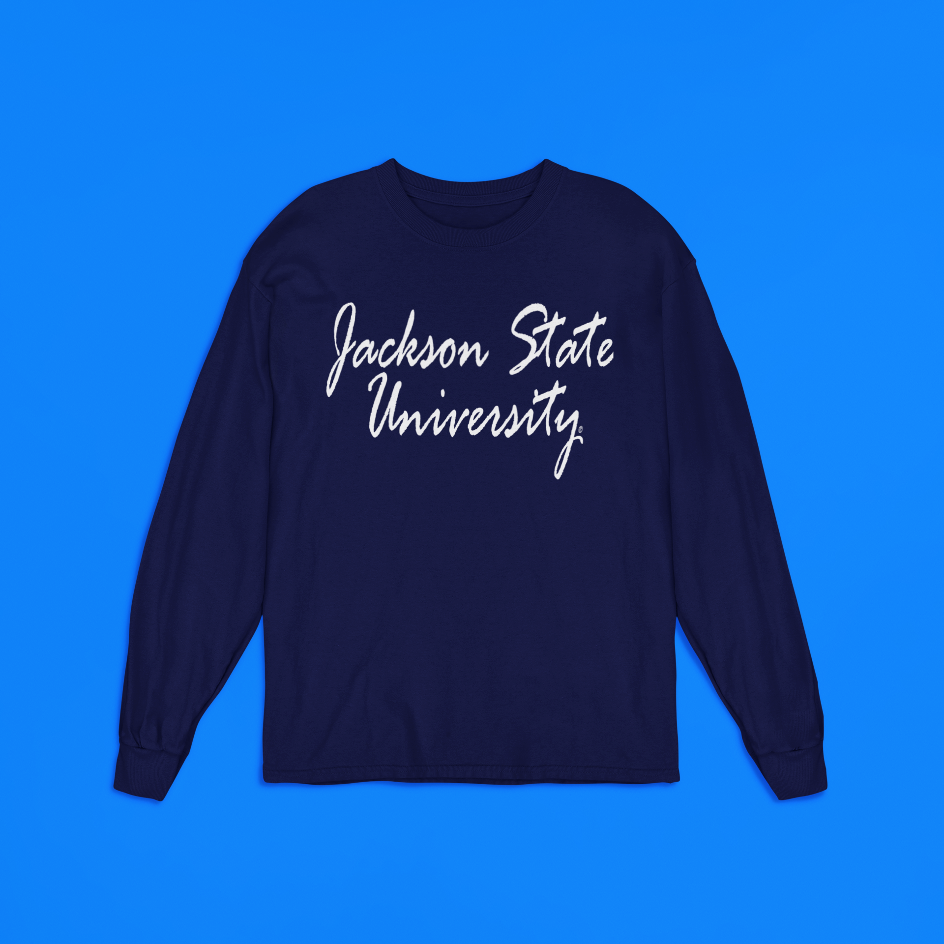 Navy blue long-sleeve crewneck T-shirt with centered white script logo