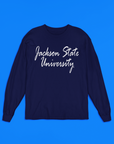 Navy blue long-sleeve crewneck T-shirt with centered white script logo