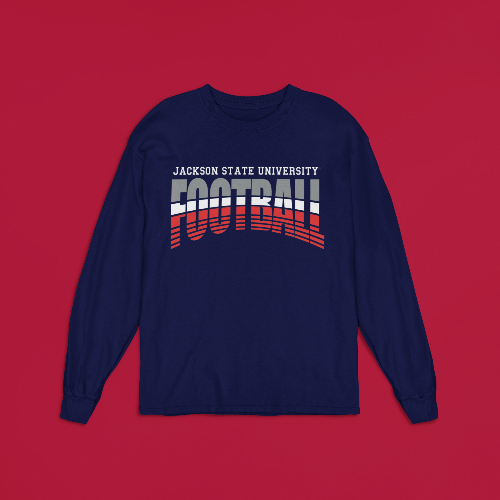 Navy long-sleeve crew neck football T-shirt with stacked "Football" graphic, front view