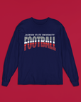 Navy long-sleeve crew neck football T-shirt with stacked "Football" graphic, front view