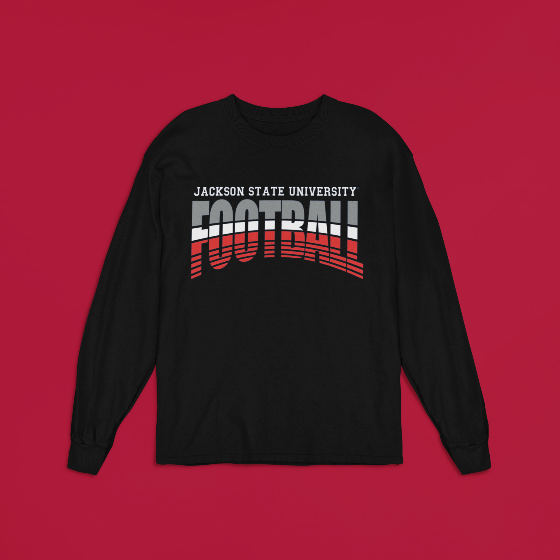 Black long-sleeve crew neck football T-shirt with stacked "Football" graphic, front view