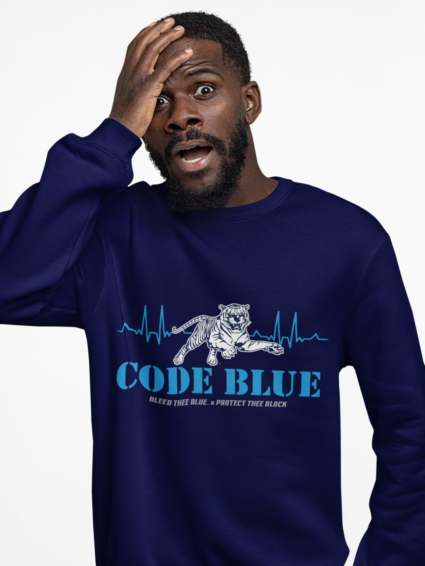 Navy crewneck sweatshirt with Code Blue graphic on chest, worn by model