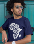 Navy short-sleeve T-shirt with white 'I Am Black History' map graphic, model wearing