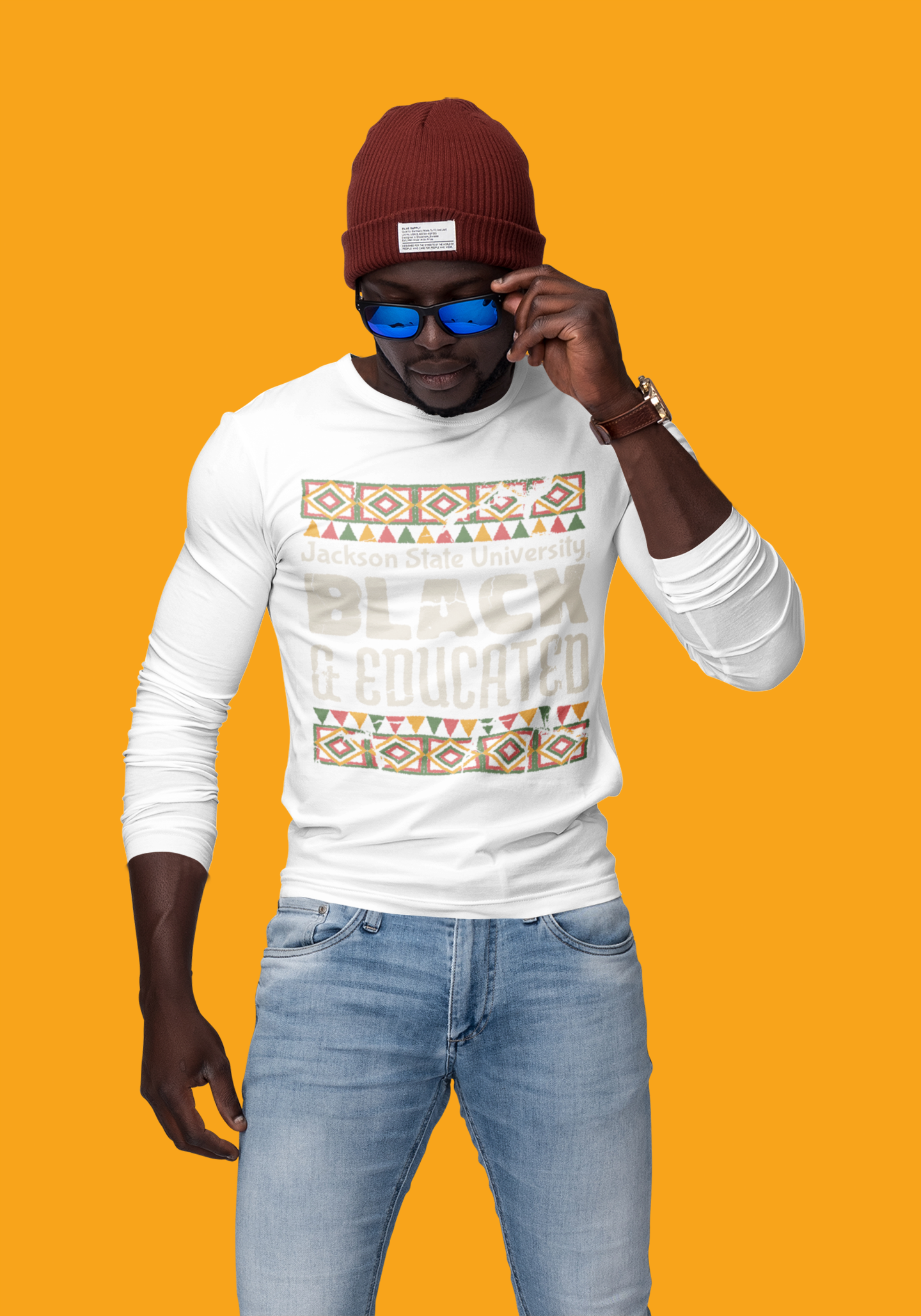 White long sleeve crew neck T-shirt with “Black &amp; Educated” graphic on chest