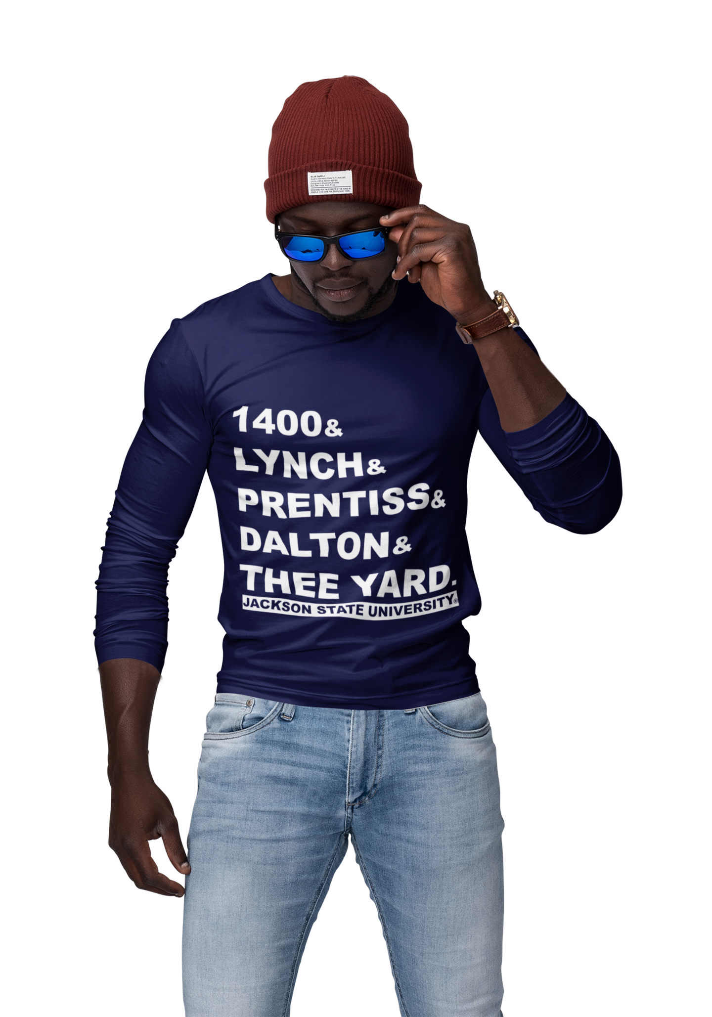 Navy blue long-sleeve crew neck T-shirt with front block slogan graphic