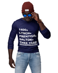 Navy blue long-sleeve crew neck T-shirt with front block slogan graphic