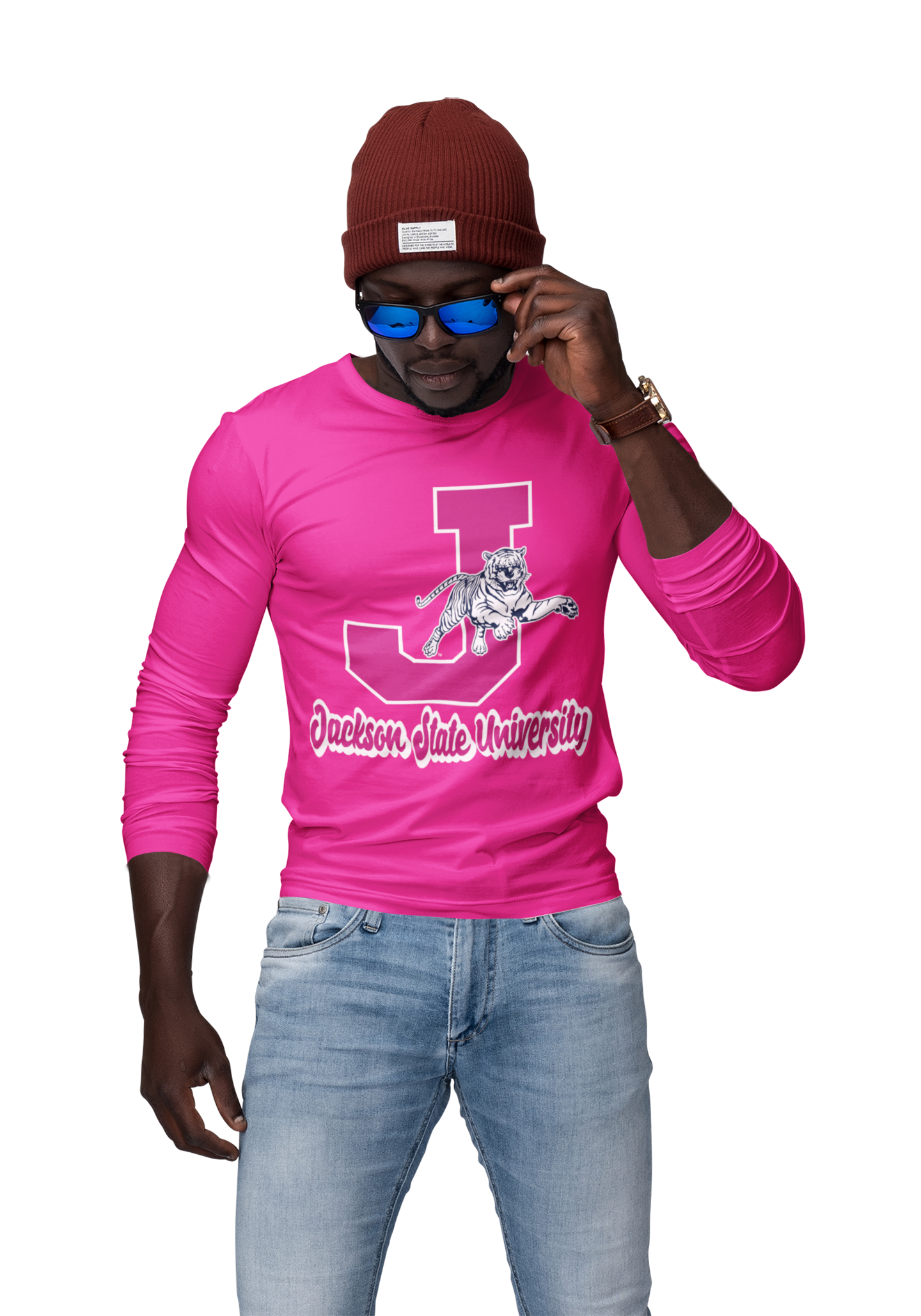 Hot pink long-sleeve crew neck T-shirt with J leaping tiger graphic and school text