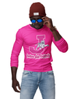 Hot pink long-sleeve crew neck T-shirt with J leaping tiger graphic and school text