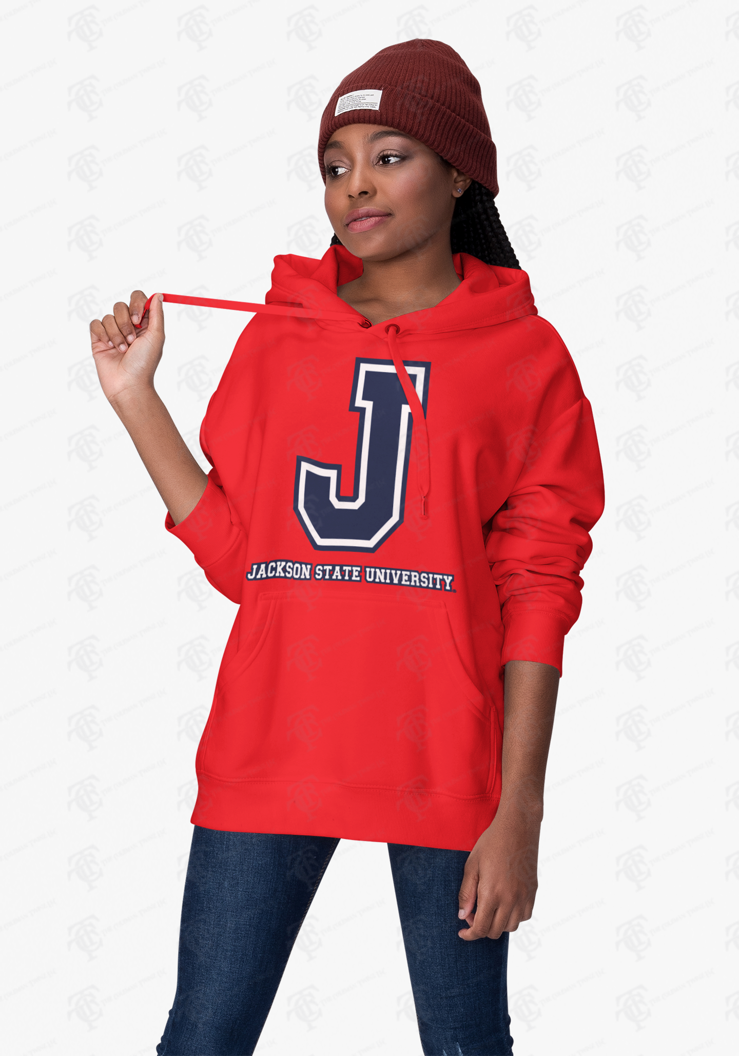 Red unisex pullover hoodie with large J logo and Jackson State University text