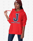 Red unisex pullover hoodie with large J logo and Jackson State University text