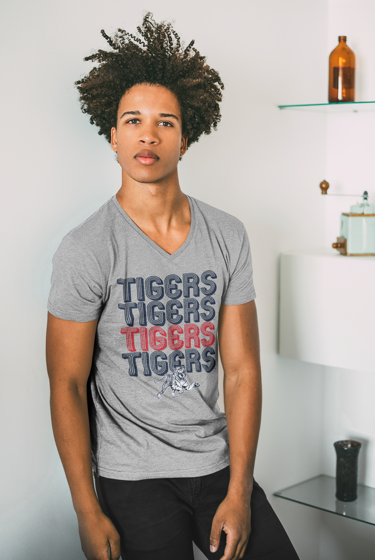 Athletic heather grey v-neck short-sleeve t-shirt with Tigers wordmark and tiger graphic